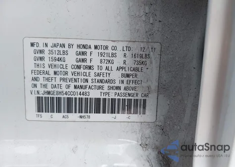 2012 Honda Fit Sport из США, поврежденный, VIN JHMGE8H54CC014483